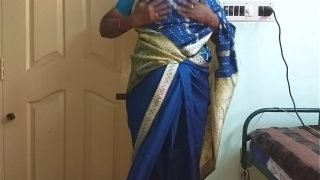 des indian horny cheating tamil telugu kannada malayalam hindi wife vanitha wearing blue colour saree  showing big boobs and shaved pussy press hard boobs press nip rubbing pussy masturbation Video