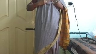 desi  indian tamil telugu kannada malayalam hindi horny cheating wife vanitha wearing grey colour saree  showing big boobs and shaved pussy press hard boobs press nip rubbing pussy masturbation Video